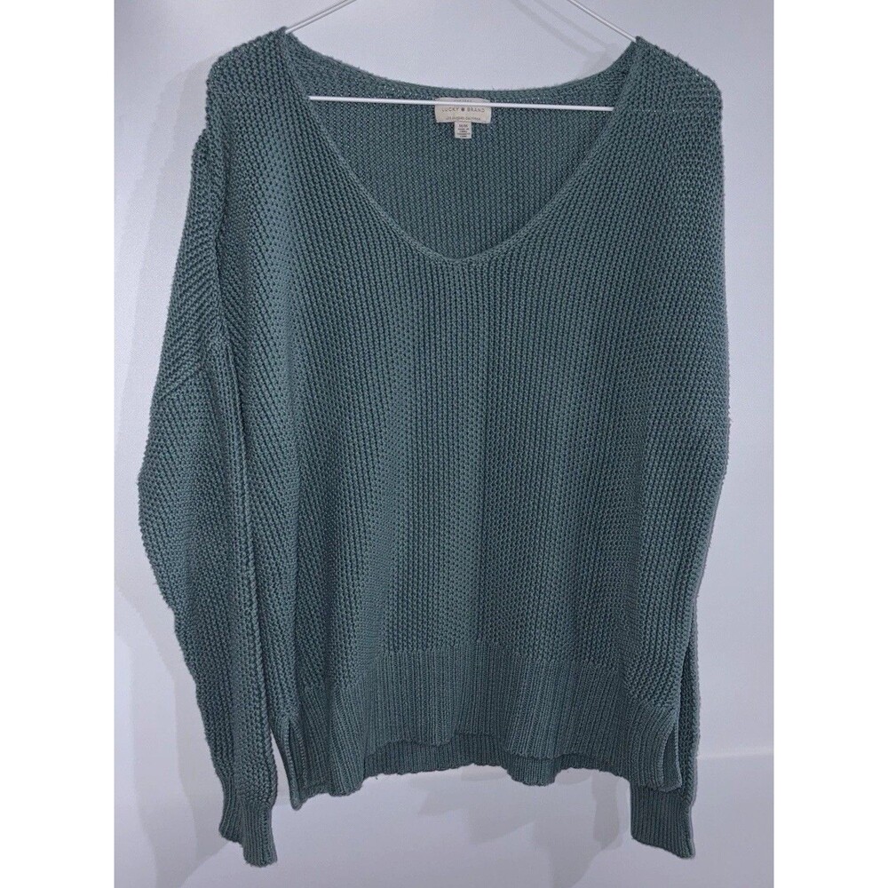 Lucky Brand Womens M Green Solid Knit V-Neck Long Sleeve Pullover Sweater